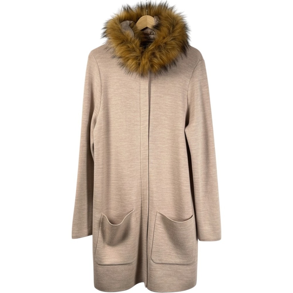 J McLaughlin Veronique Cardigan Coat Tan Wool Faux Fur Collar Knit Womens L NWOT